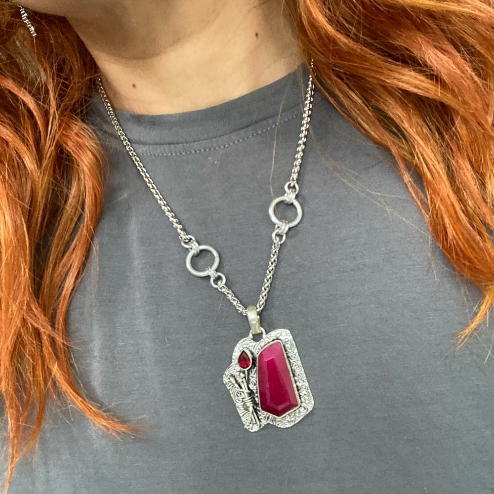 Genuine Garnet & pink Indian ruby gemstones boho charm silver necklace - Picture 15 of 16
